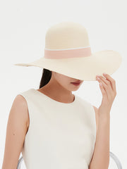 Elegant Wide-Brim Straw Sun Hat with Pink Ribbon for Women