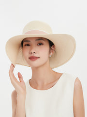 Elegant Wide-Brim Straw Sun Hat with Pink Ribbon for Women