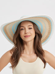 Wide Brim Summer Straw Beach Hat with Blue & Beige Stripes