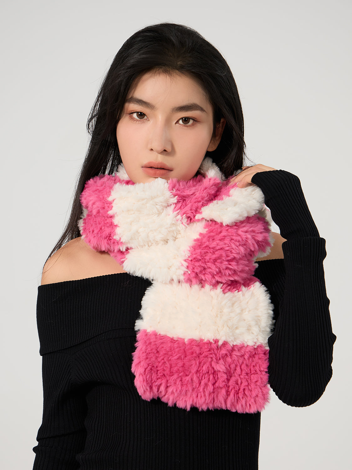 MDOG Striped Fur Winter Scarf for Women