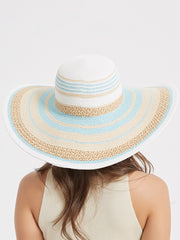 Wide Brim Summer Straw Beach Hat with Blue & Beige Stripes