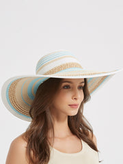 Wide Brim Summer Straw Beach Hat with Blue & Beige Stripes