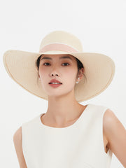 Elegant Wide-Brim Straw Sun Hat with Pink Ribbon for Women