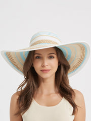 Wide Brim Summer Straw Beach Hat with Blue & Beige Stripes