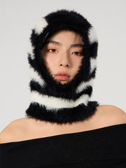 Winter Striped Fur Balaclava Hat for Women