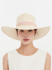 Elegant Wide-Brim Straw Sun Hat with Pink Ribbon for Women